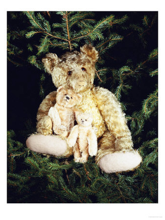 Golden Curley Plush Covered Teddy Bear in a Christmas Tree with His Inseparable Friends, 1910