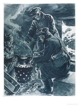 Innovative British Soldiers Use a German Steel Helmet as a Saucepan for Their Christmas Pudding