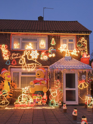 Suburban House with Christmas Lights and Decorations, Surrey, England, United Kingdom