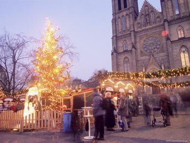 Christmas Decoration at Market on Namesti Miru and Neo-Gothic St. Ludmilla Church at Twilight